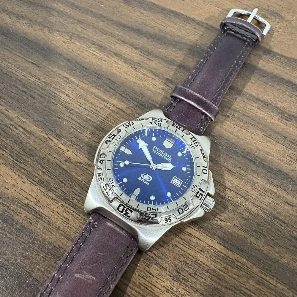 Vintage Fossil Blue Watch Mens Blue Dial 50M AM-3165 Speidel Leather‎ Band 18mm